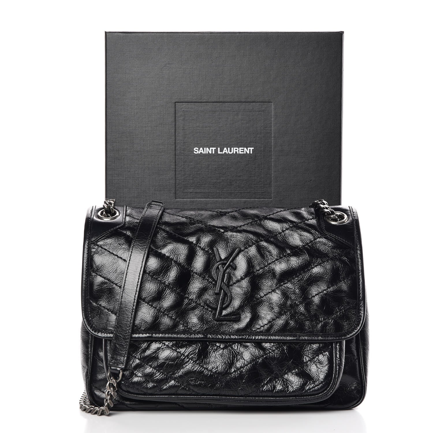 Saint Laurent Crinkled Calfskin Matelasse Monogram Medium Niki Chain Satchel Black 8 of 8