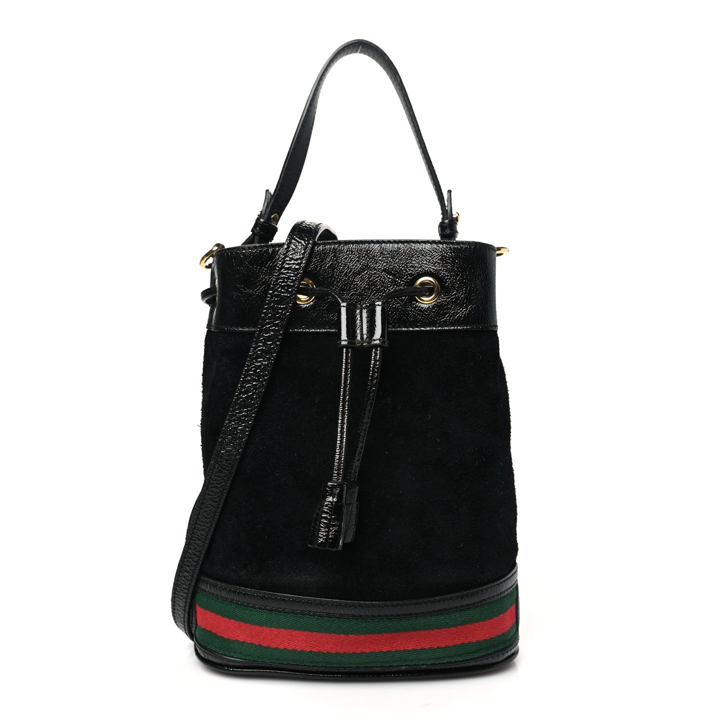 Suede Patent Web Small Ophidia Bucket Bag Black