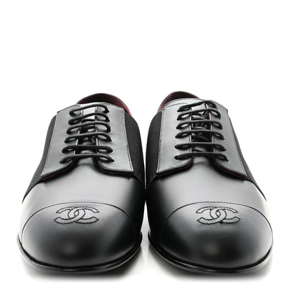 Chanel Calfskin Elastic Lace Up Cap Toe CC Loafers 40 Black 3 of 9