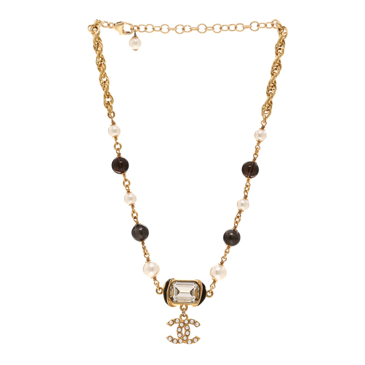 Chanel Graduated Pearl Crystal CC Short Necklace Gold Black Grey 3 of 5