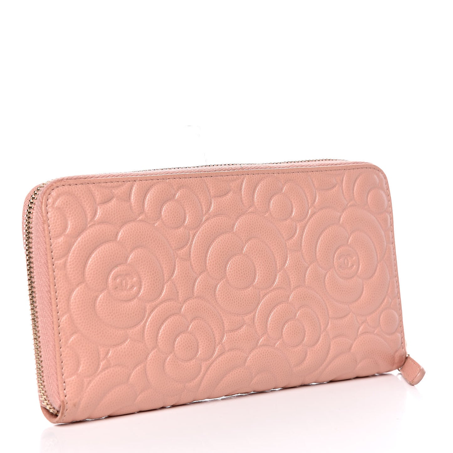 Caviar Camellia Embossed Zip Around Large Gusset Wallet Nude