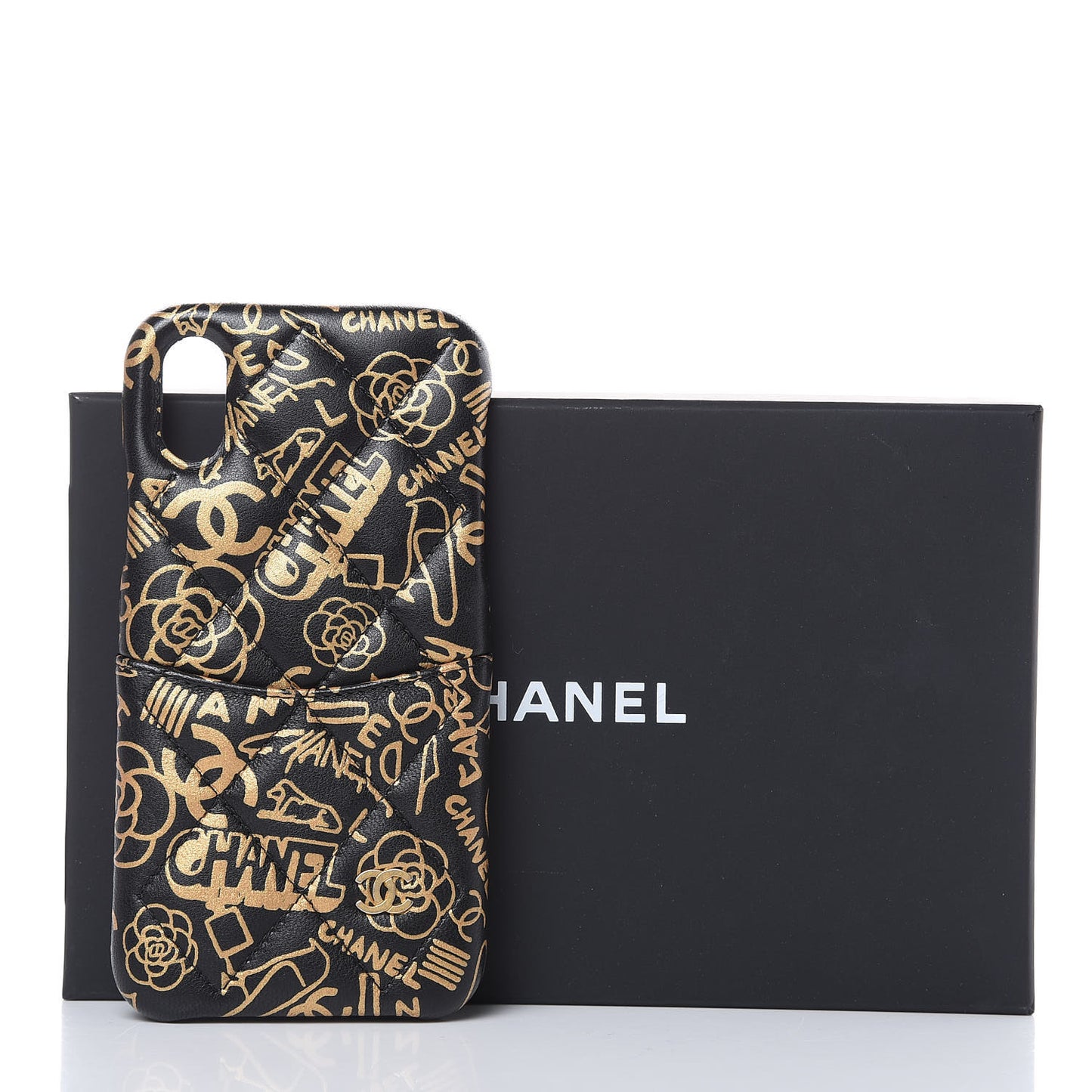 Lambskin Quilted iPhone X Coco Tech Egyptian Graffiti Case Black Gold