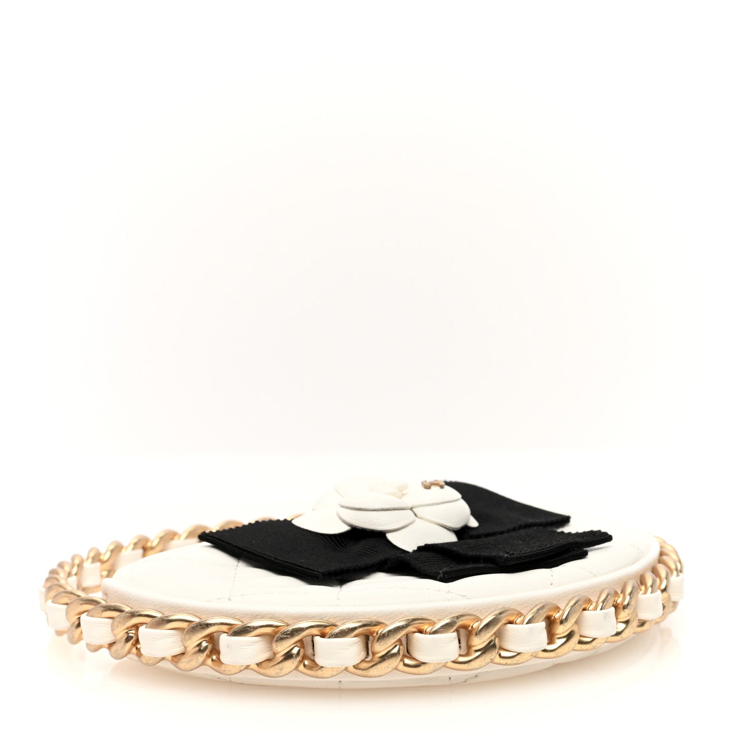 Lambskin Quilted Round Camellia Mini Clutch White