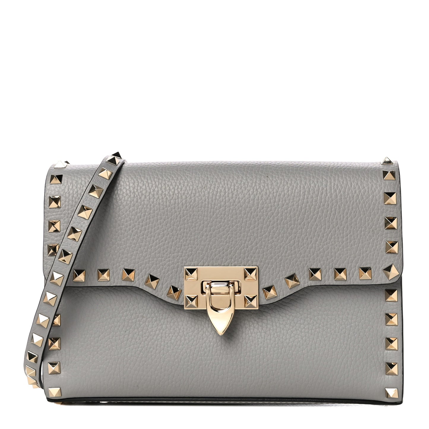 Pebbled Calfskin Medium Rockstud Flip Lock Crossbody Bag Pastel Grey