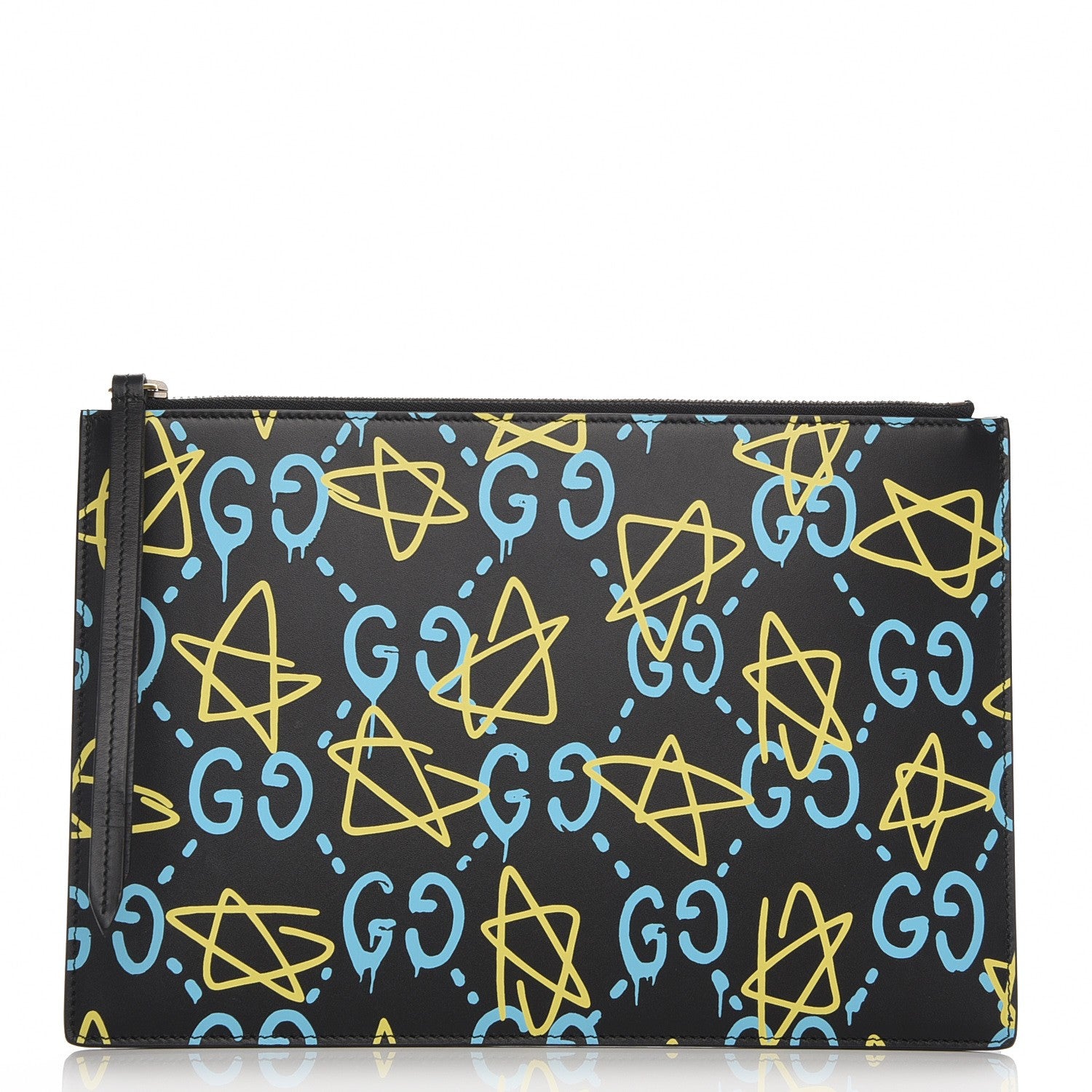 Gucci Calfskin GucciGhost Print Pouch Black New Acquamarine 1 of 9