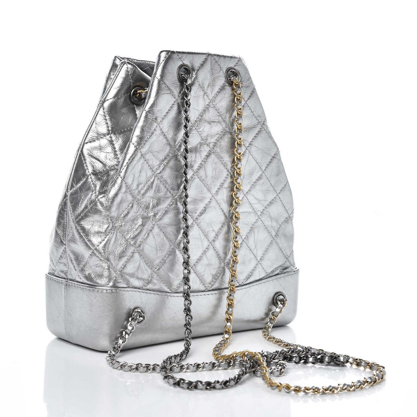 Metallic Crumpled Calfskin Quilted Gabrielle Backpack Silver