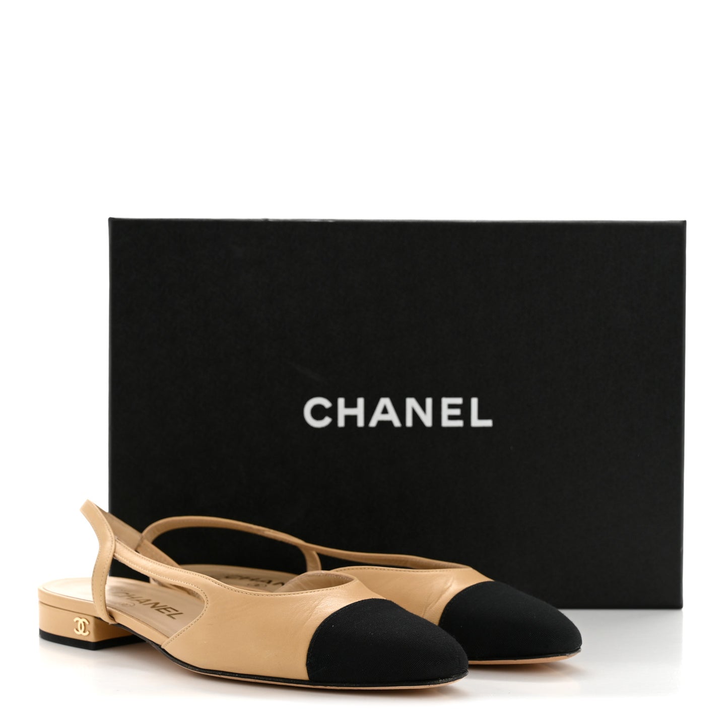 Goatskin Grosgrain Cap Toe CC Slingback Sandals 36.5 Beige Black