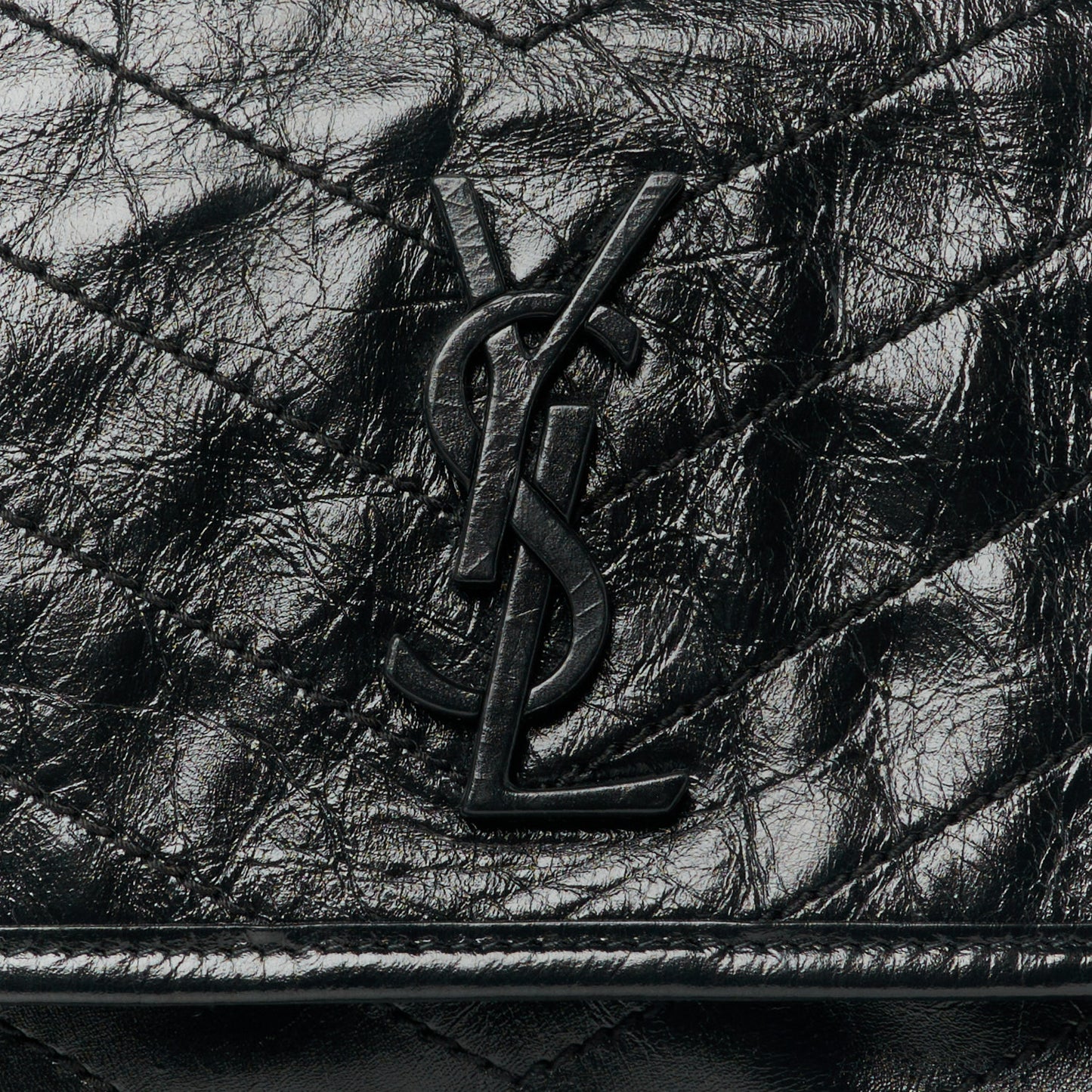 Crinkled Calfskin Matelasse Monogram Medium Niki Chain Satchel Black