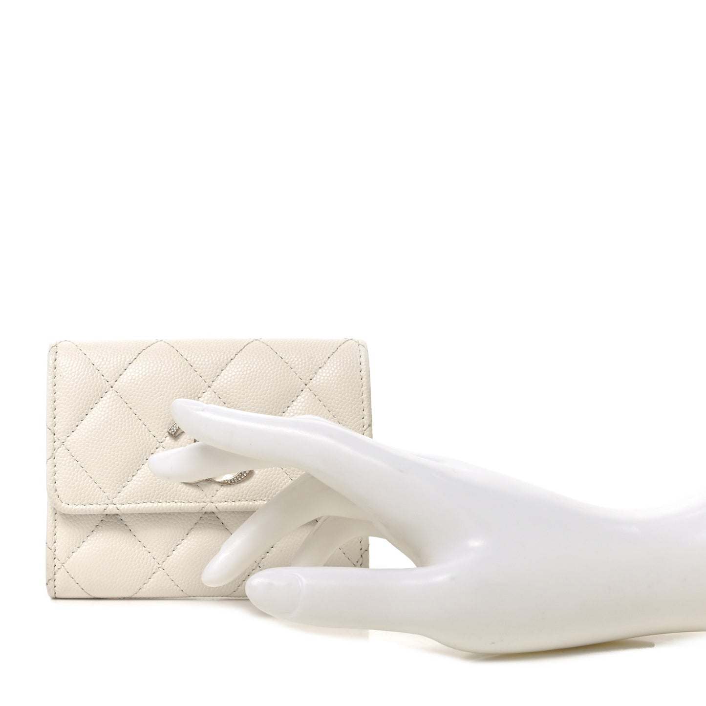 Caviar Quilted Crystal Enamel CC Flap Card Holder White