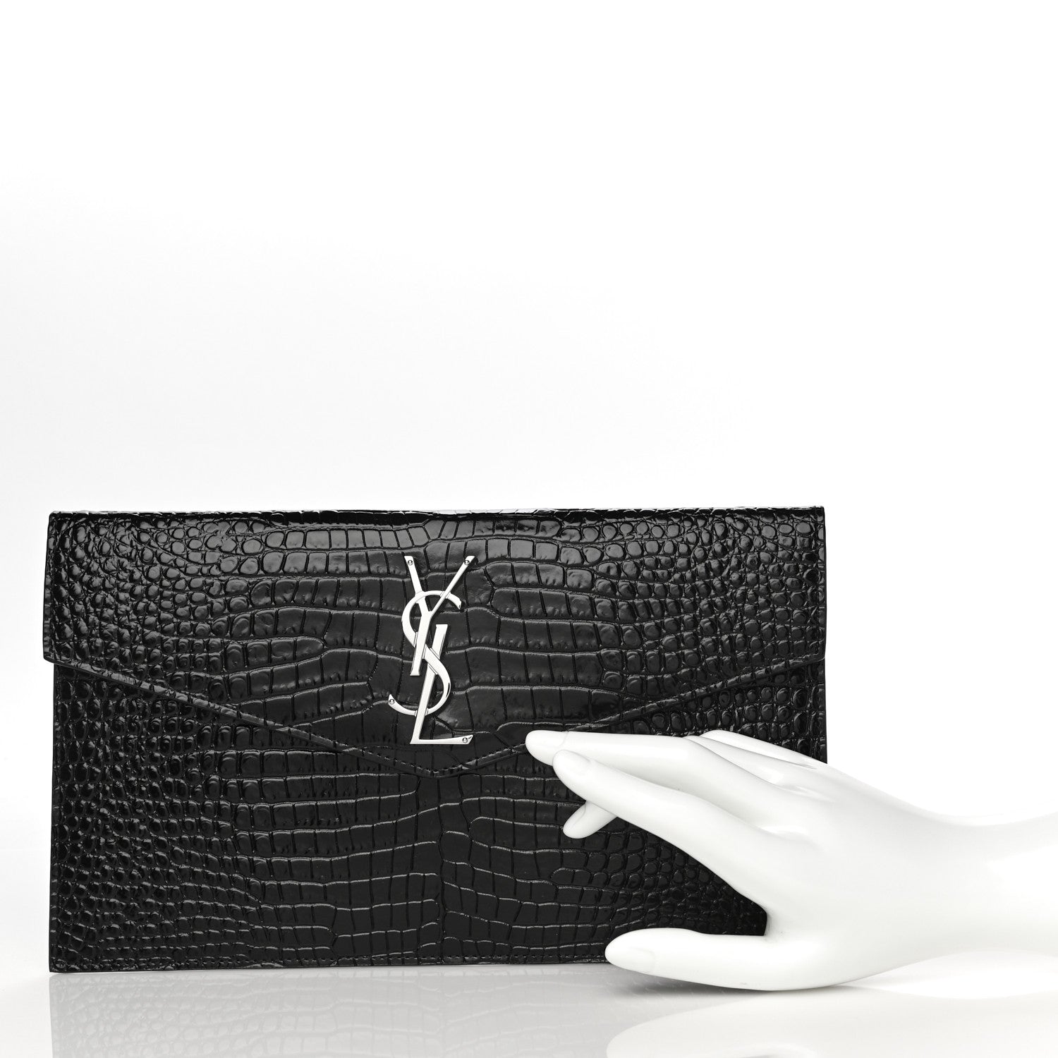 Saint Laurent Calfskin Crocodile Embossed Uptown Monogram Clutch Black 3 of 11