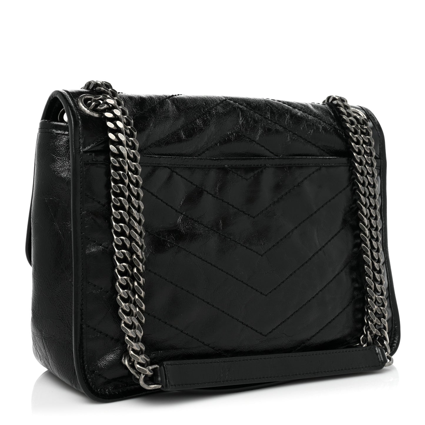 Crinkled Calfskin Matelasse Monogram Medium Niki Chain Satchel Black