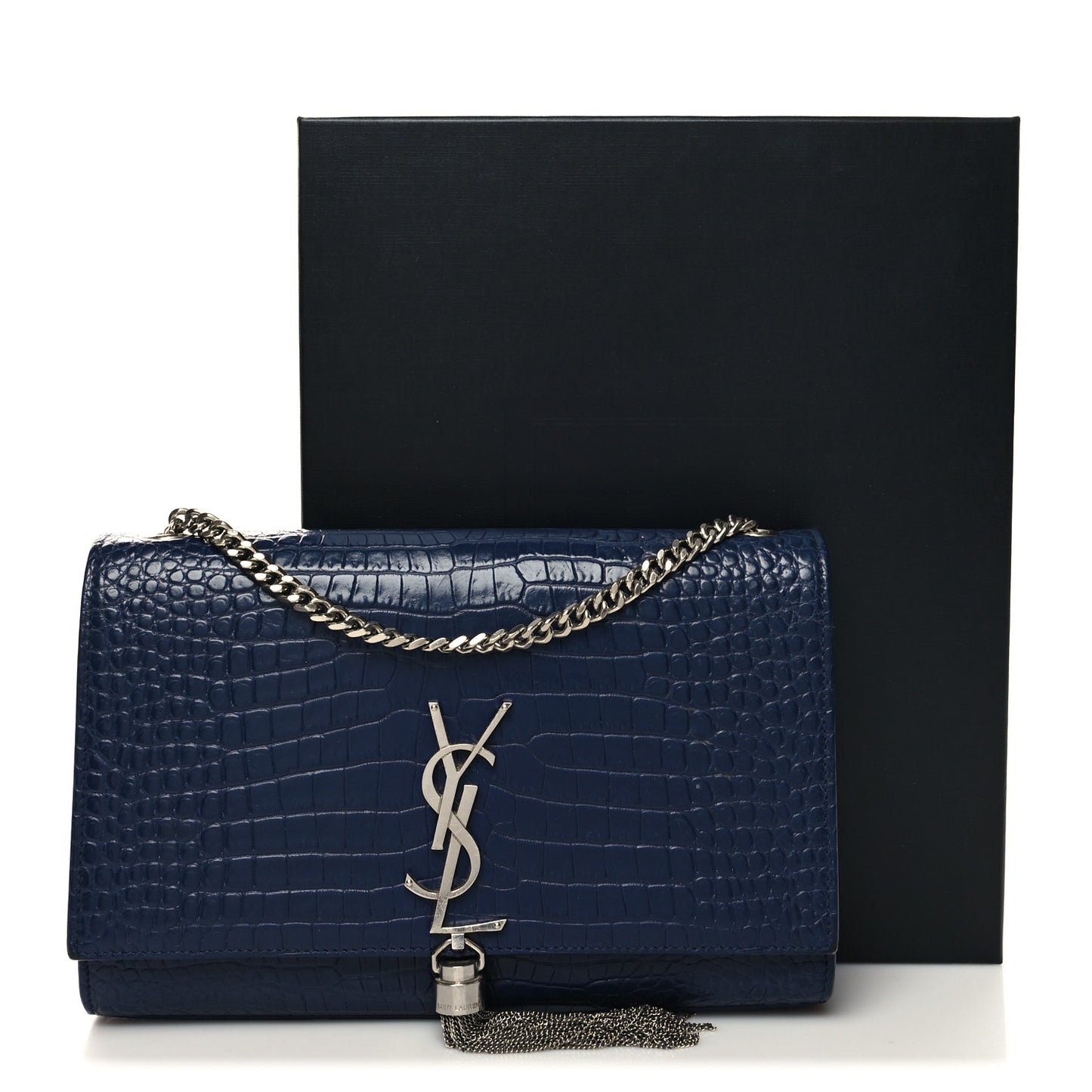 Calfskin Crocodile Embossed Medium Classic Monogram Kate Tassel Satchel Deep Marine