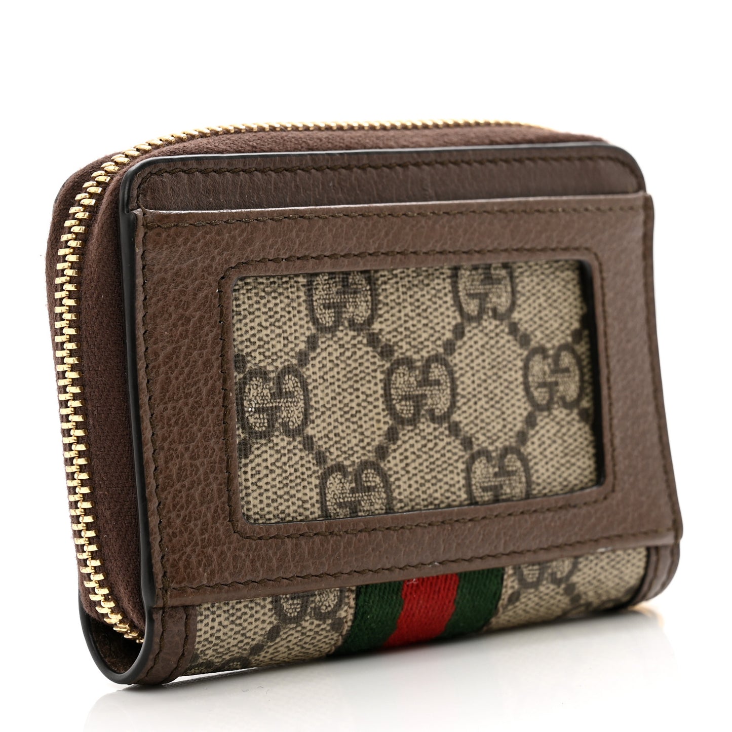 GG Supreme Monogram Textured Dollar Calfskin Web Ophidia Zip Around Card Case Wallet Beige Ebony New Acero