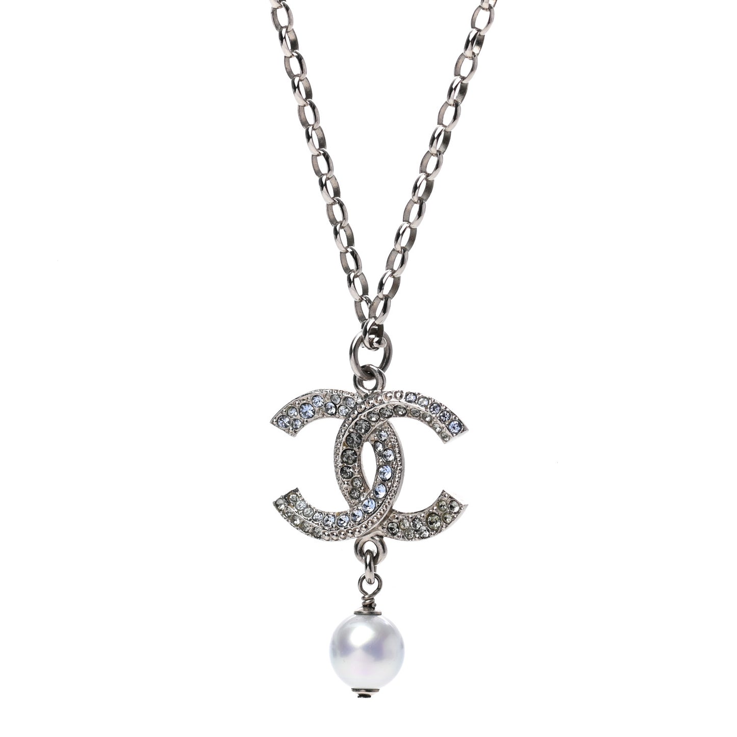 Crystal Pearl Twisted CC Drop Necklace Silver