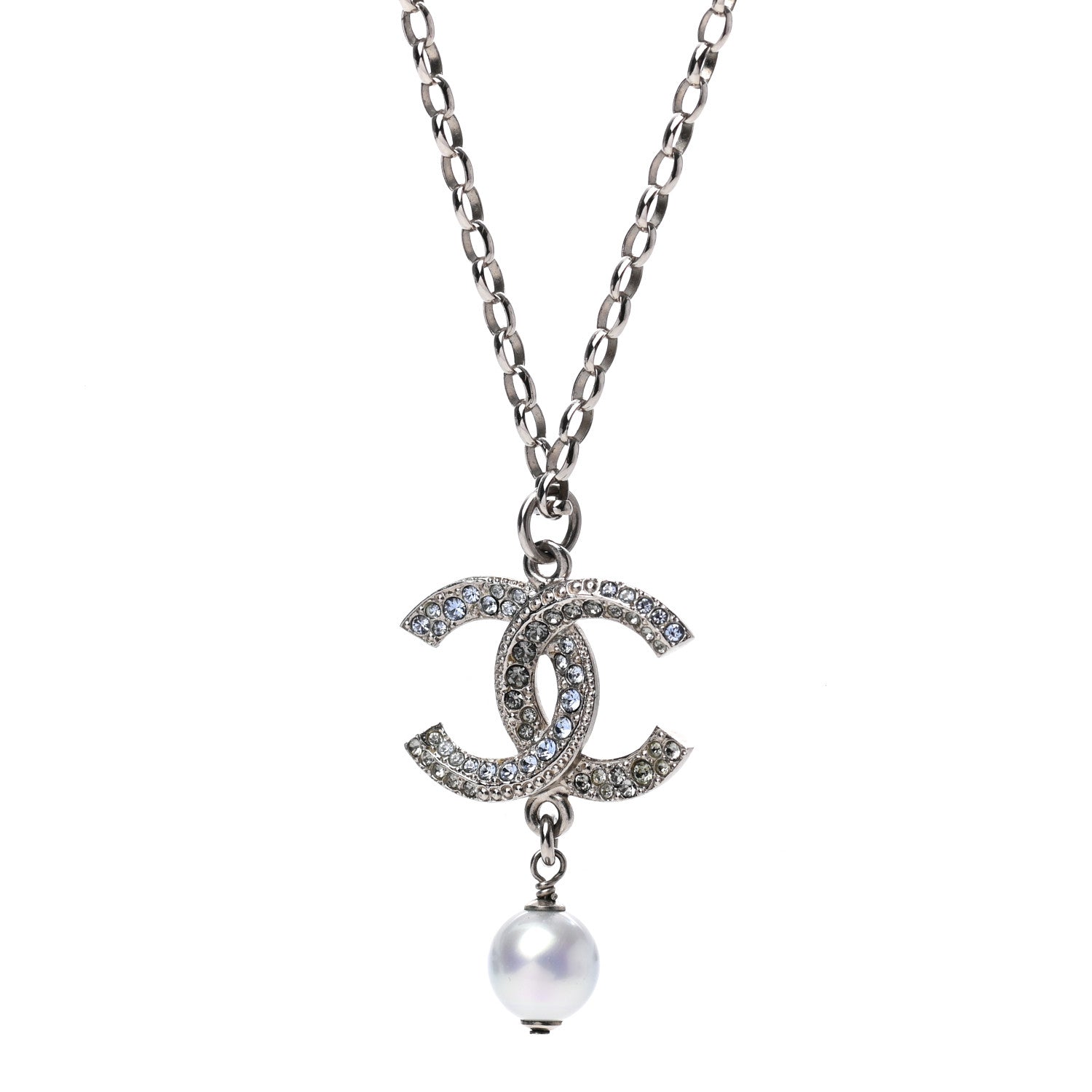Chanel Crystal Pearl Twisted CC Drop Necklace Silver 4 of 5