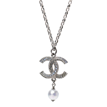 Chanel Crystal Pearl Twisted CC Drop Necklace Silver 4 of 5