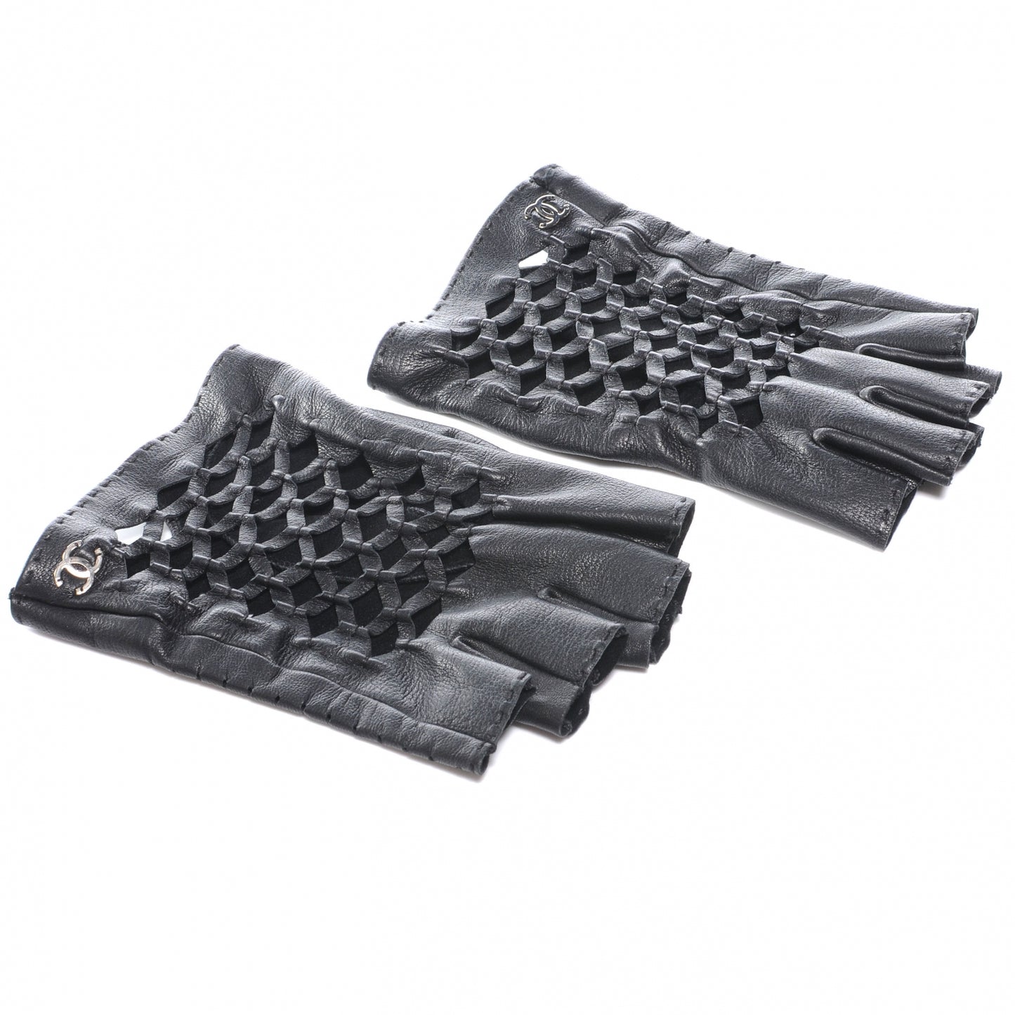 Lambskin Fingerless Woven CC Gloves Black 7.5