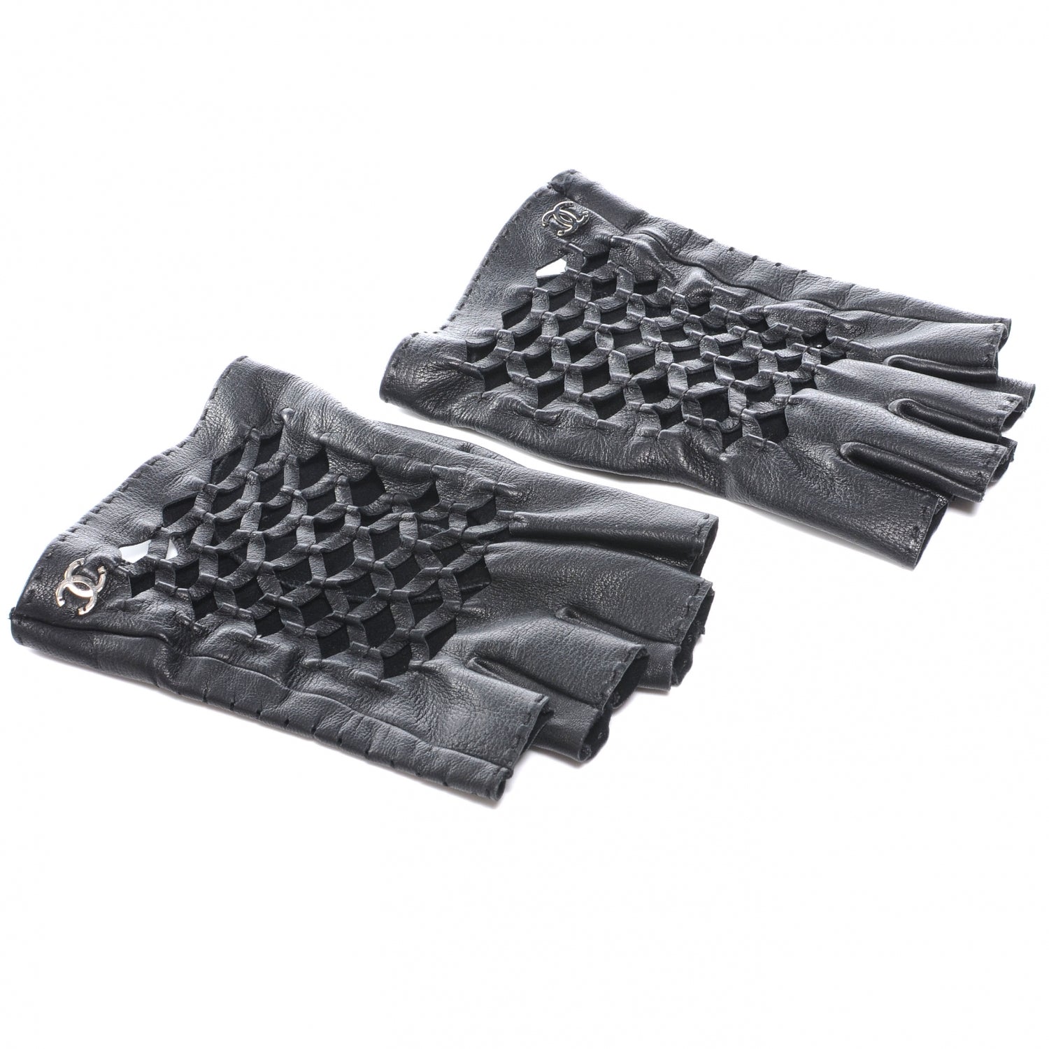 Chanel Lambskin Fingerless Woven CC Gloves Black 7.5 1 of 5