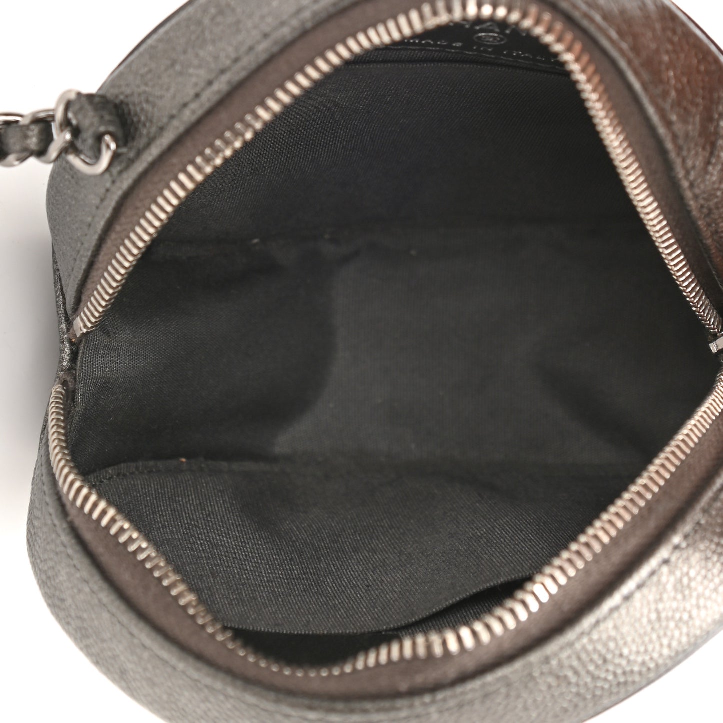 Metallic Caviar Quilted Round Filigree Crossbody Dark Silver