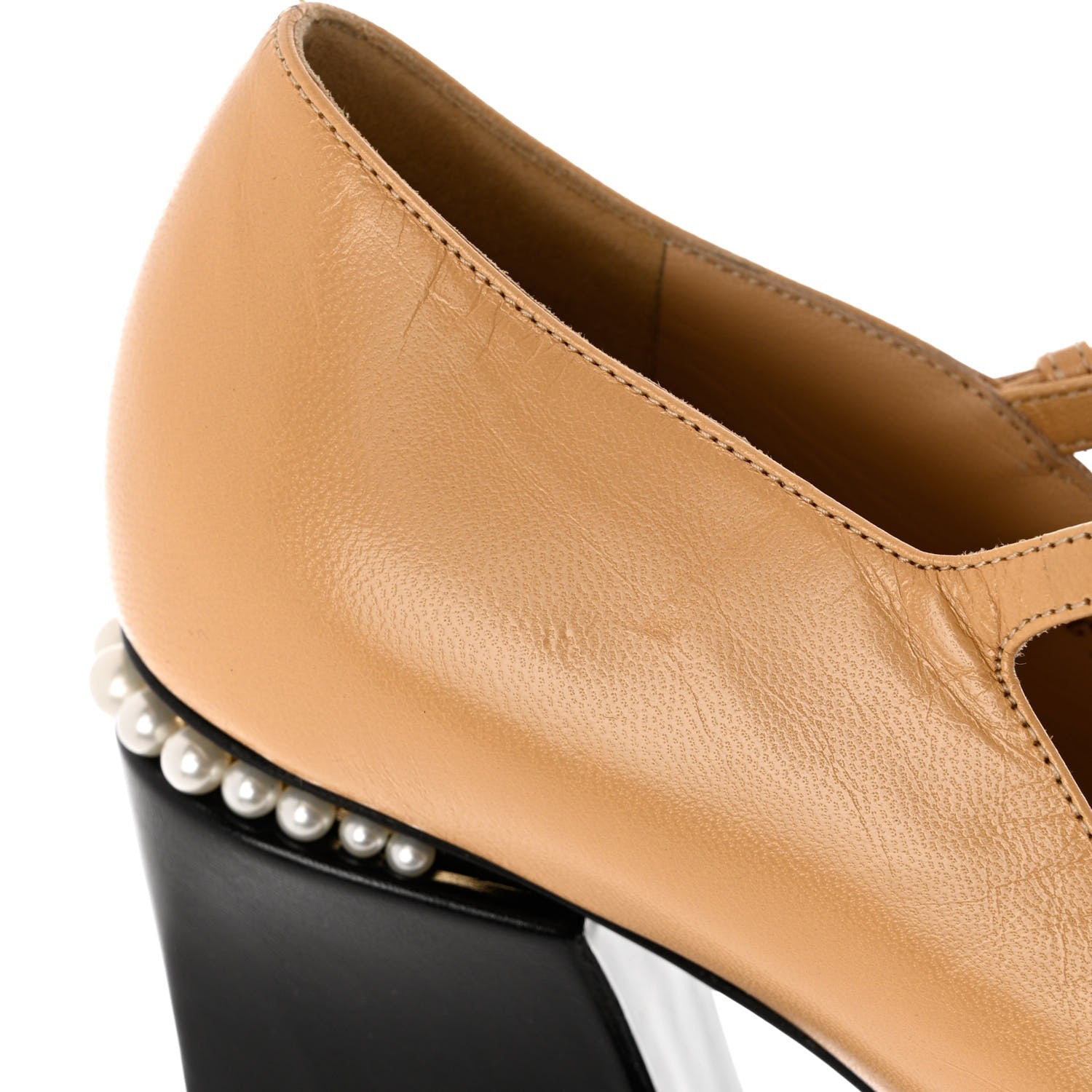 Chanel Shiny Goatskin Pearls Cap Toe Open Slingback Pumps 40 Beige Black 10 of 12