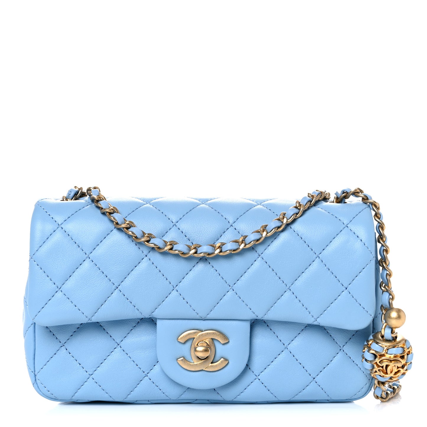 Lambskin Quilted Mini Rectangular Pearl Crush Flap Light Blue