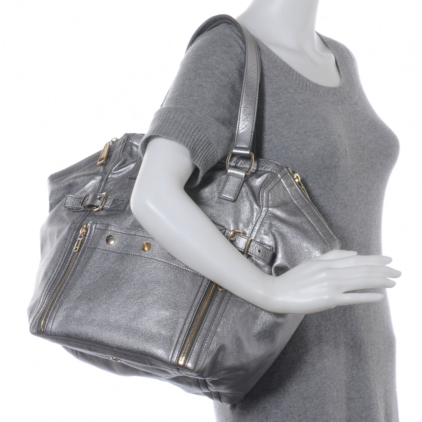 Leather Medium Downtown Tote Silver