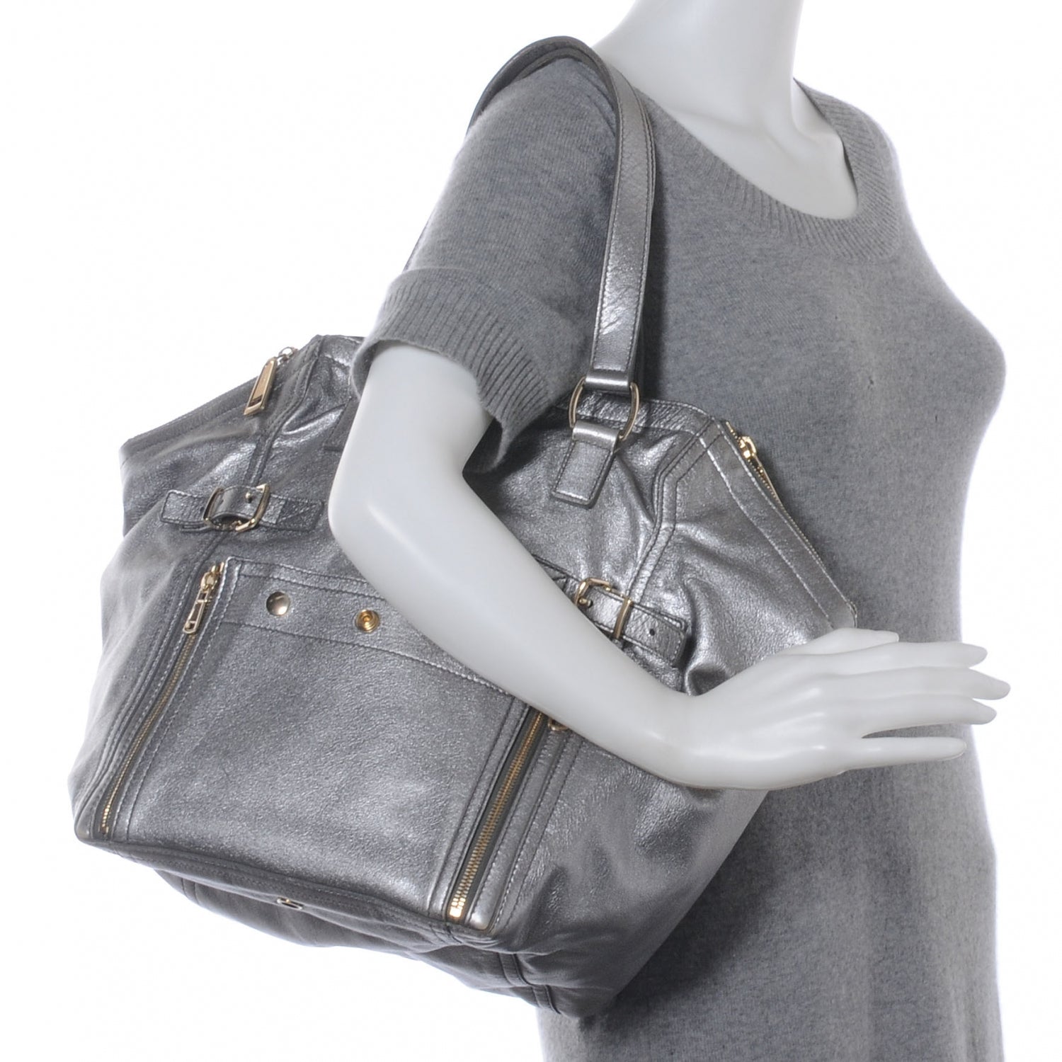 Saint Laurent Leather Medium Downtown Tote Silver 2 of 7