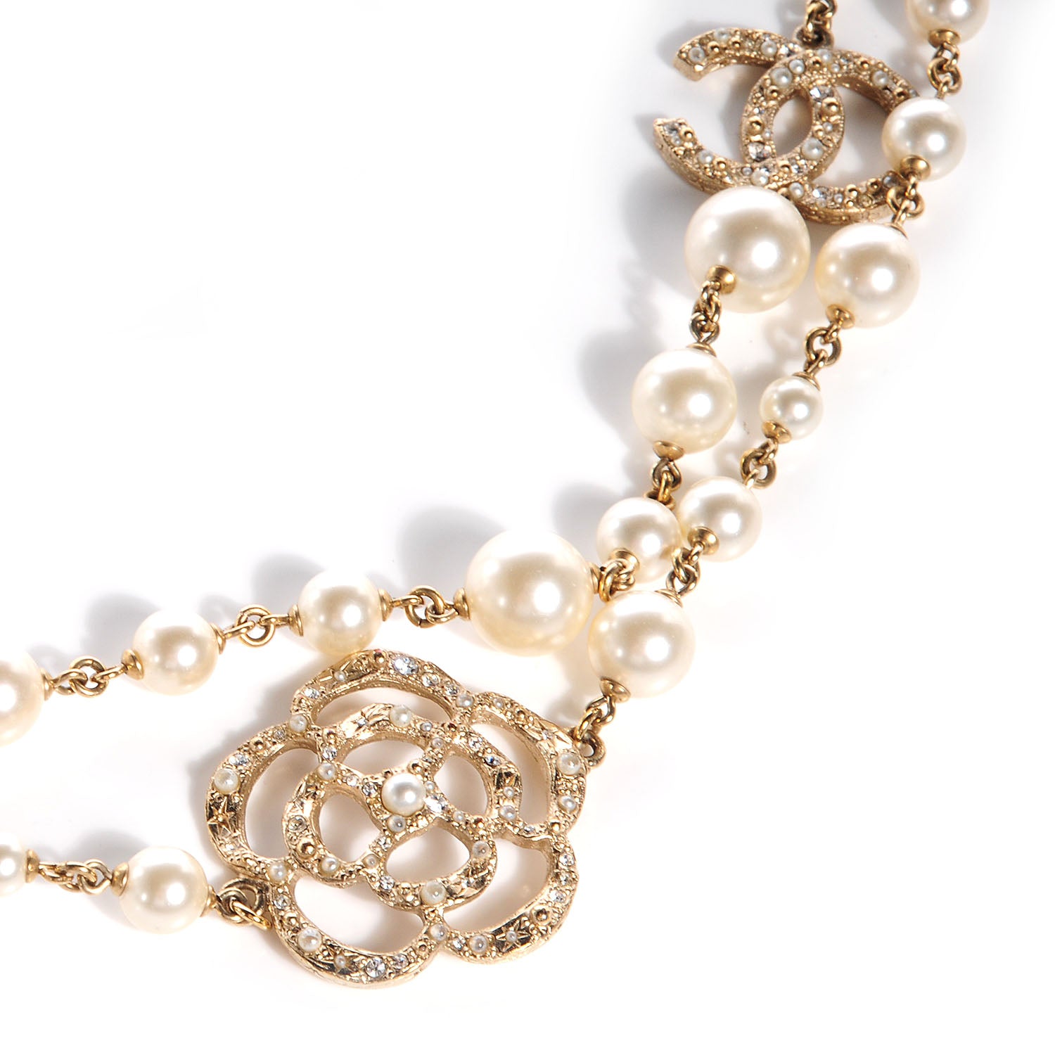 Chanel Pearl Crystal Camellia CC Necklace Gold 5 of 8