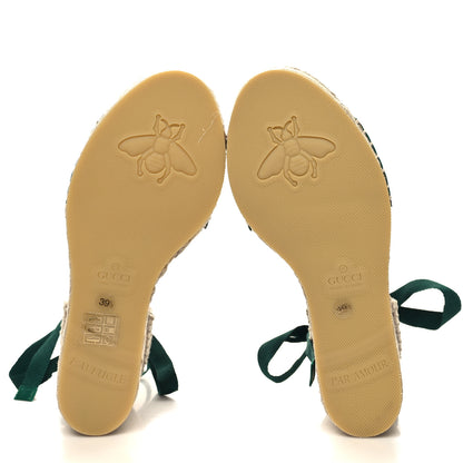 Gucci Canvas Malaga Kid Web Ankle Wrap Espadrille Wedge Sandals 39.5 Green Red Mystic White Emerald 5 of 10