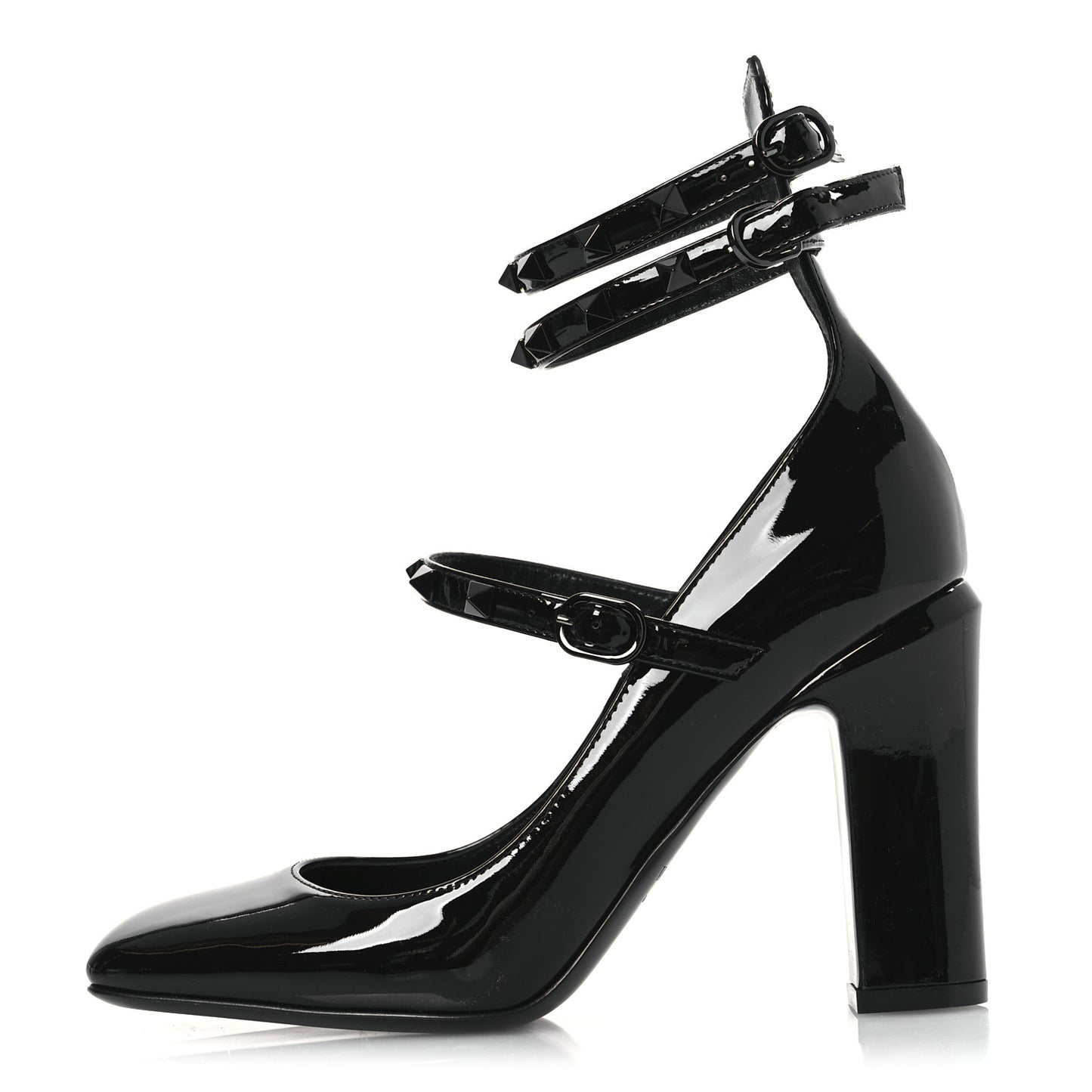 Patent Monochrome Rockstud Tan-Go Ankle Strap Pumps 37 Black