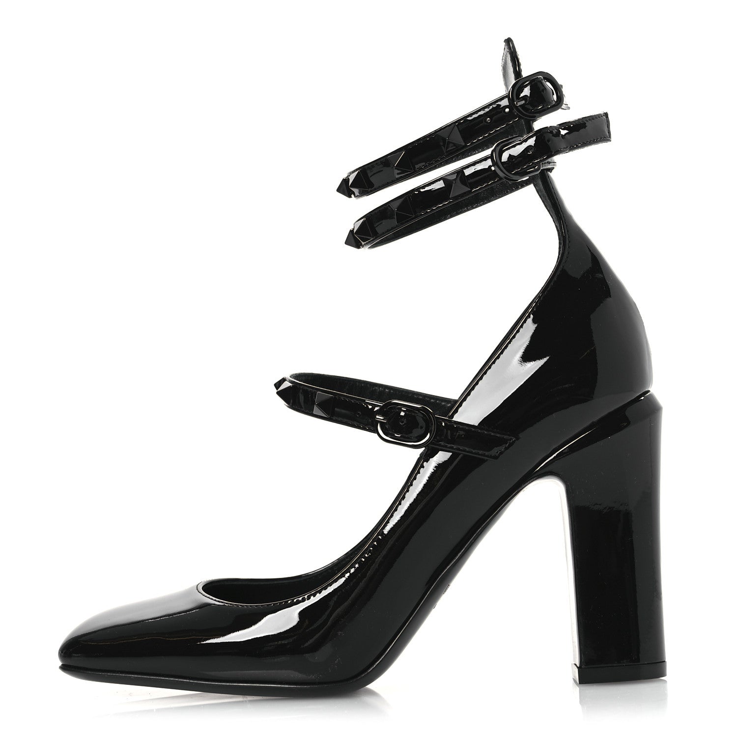 Valentino Garavani Patent Monochrome Rockstud Tan-Go Ankle Strap Pumps 37 Black 1 of 11