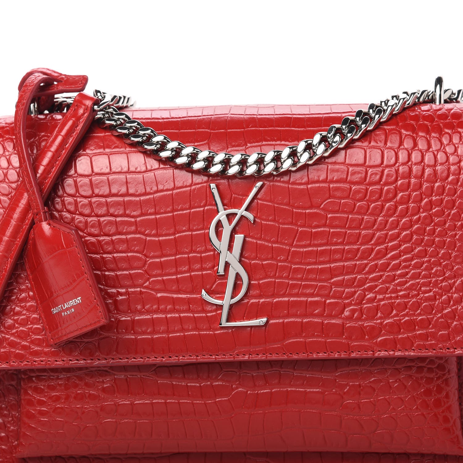 Saint Laurent Calfskin Crocodile Embossed Medium Monogram Sunset Rouge Eros 9 of 9
