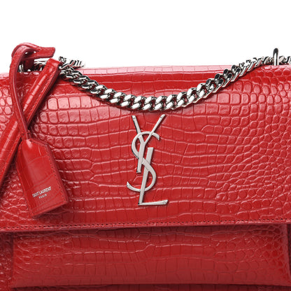 Saint Laurent Calfskin Crocodile Embossed Medium Monogram Sunset Rouge Eros 9 of 9