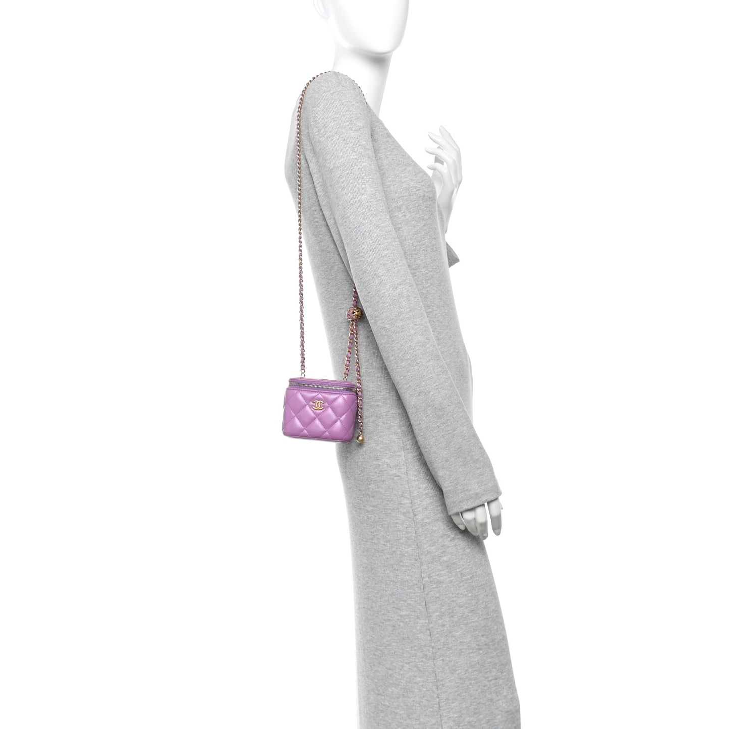 Lambskin Quilted Pearl Crush Mini Vanity Case With Chain Purple