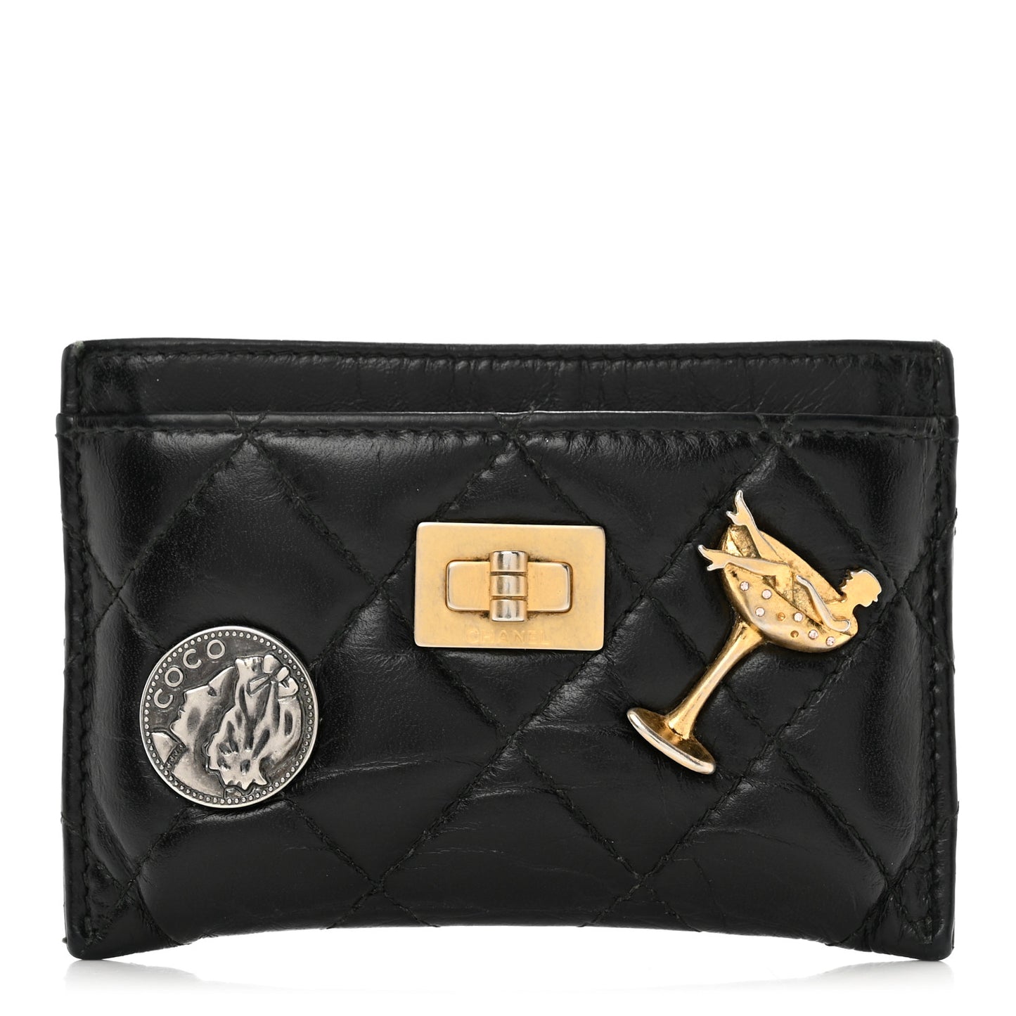 Aged Calfskin Quilted Lucky Charms Reissue Card Holder Black