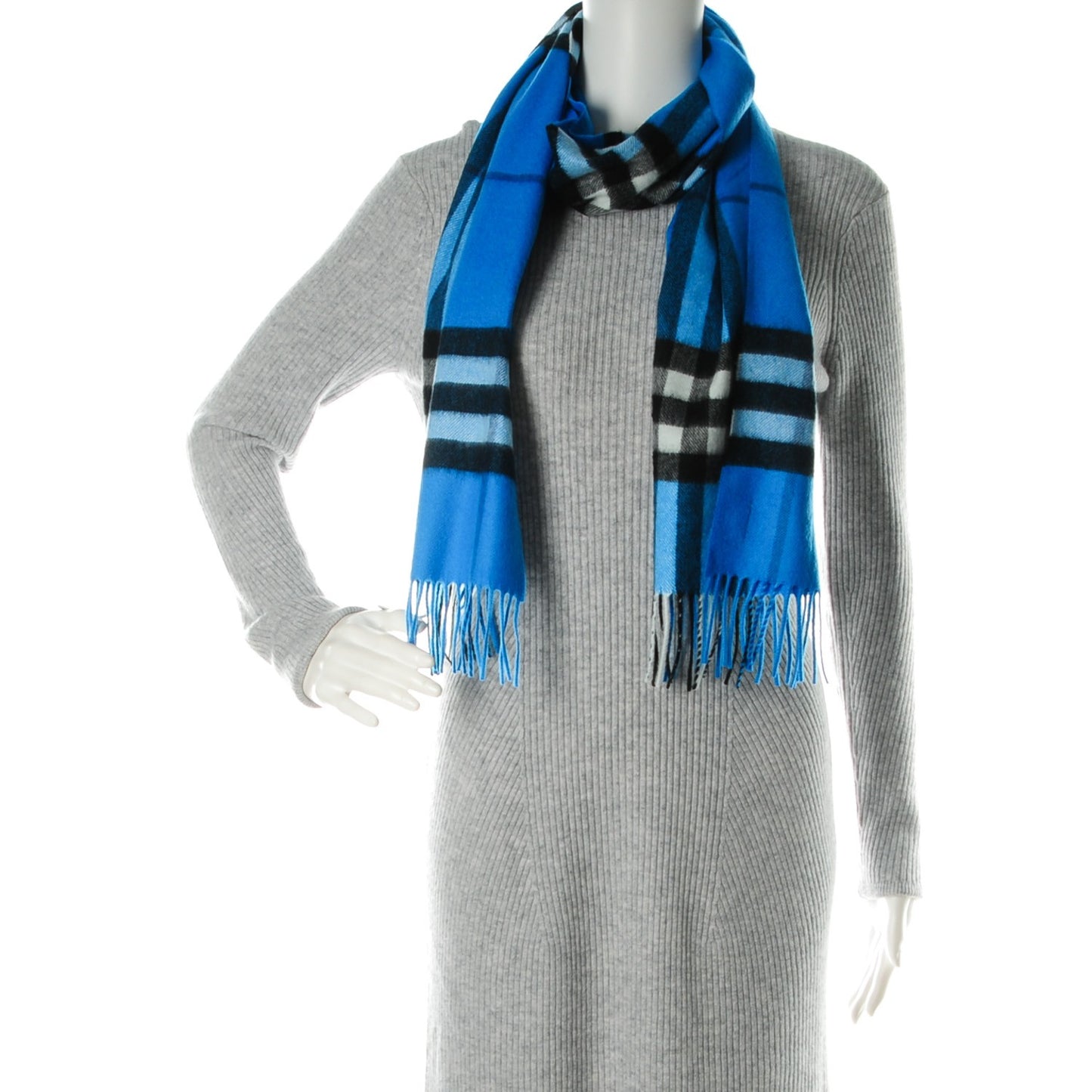Cashmere Classic Check Fringe Scarf Bright Cornflower Blue
