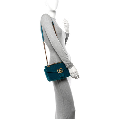 Gucci Velvet Matelasse Small GG Marmont Shoulder Bag Pavone Cyan 2 of 10