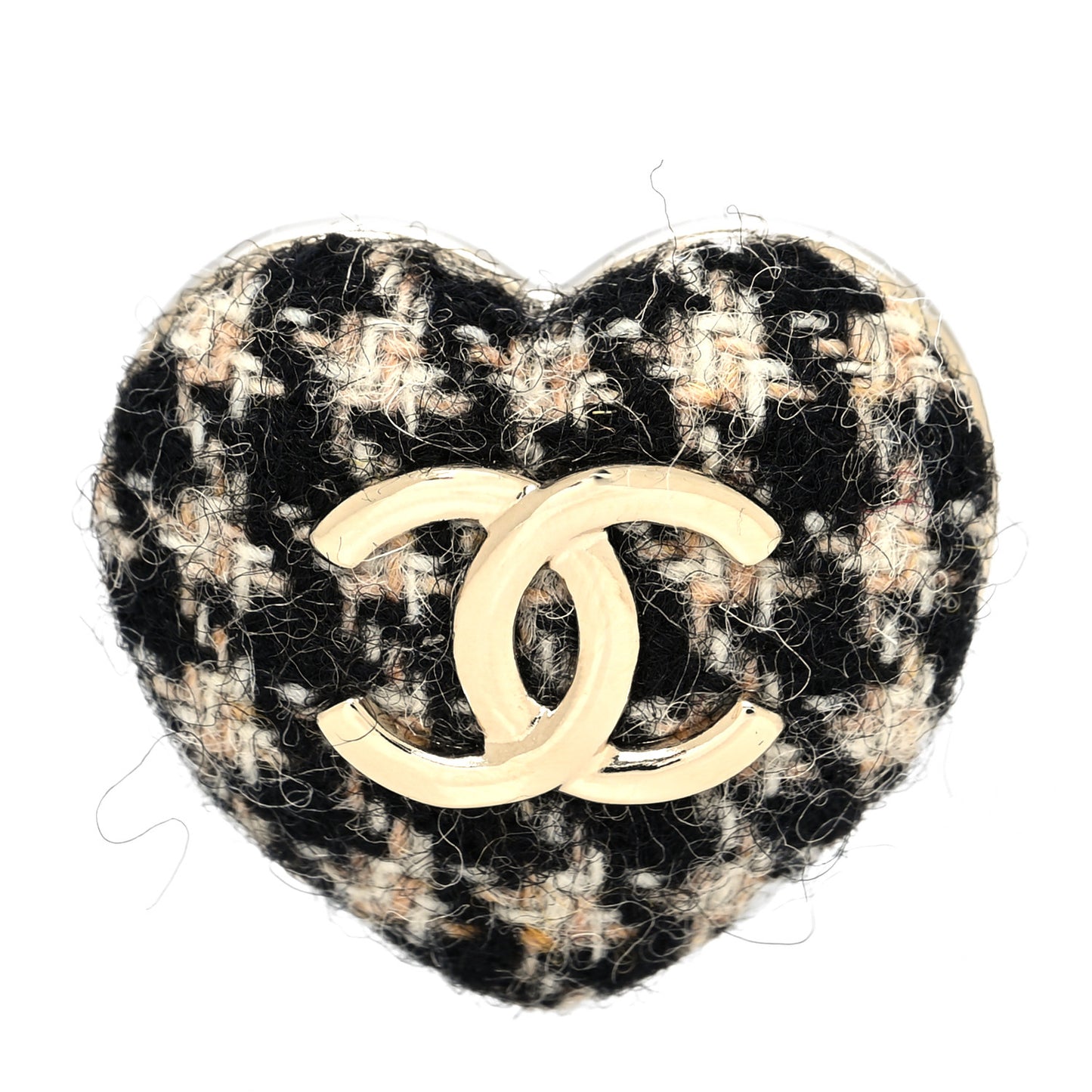 Tweed CC Heart Brooch Ivory Black Gold