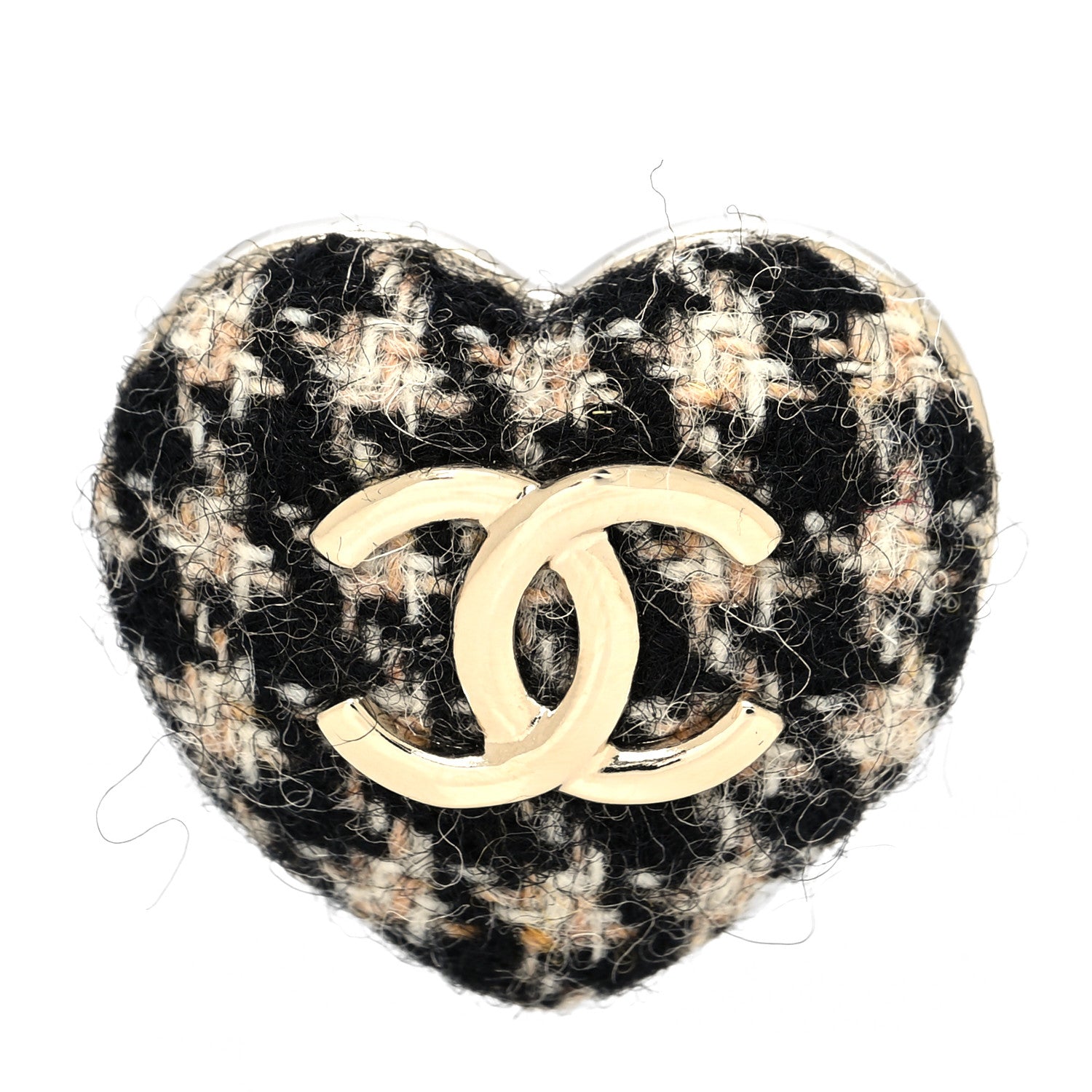 Chanel Tweed CC Heart Brooch Ivory Black Gold 1 of 3