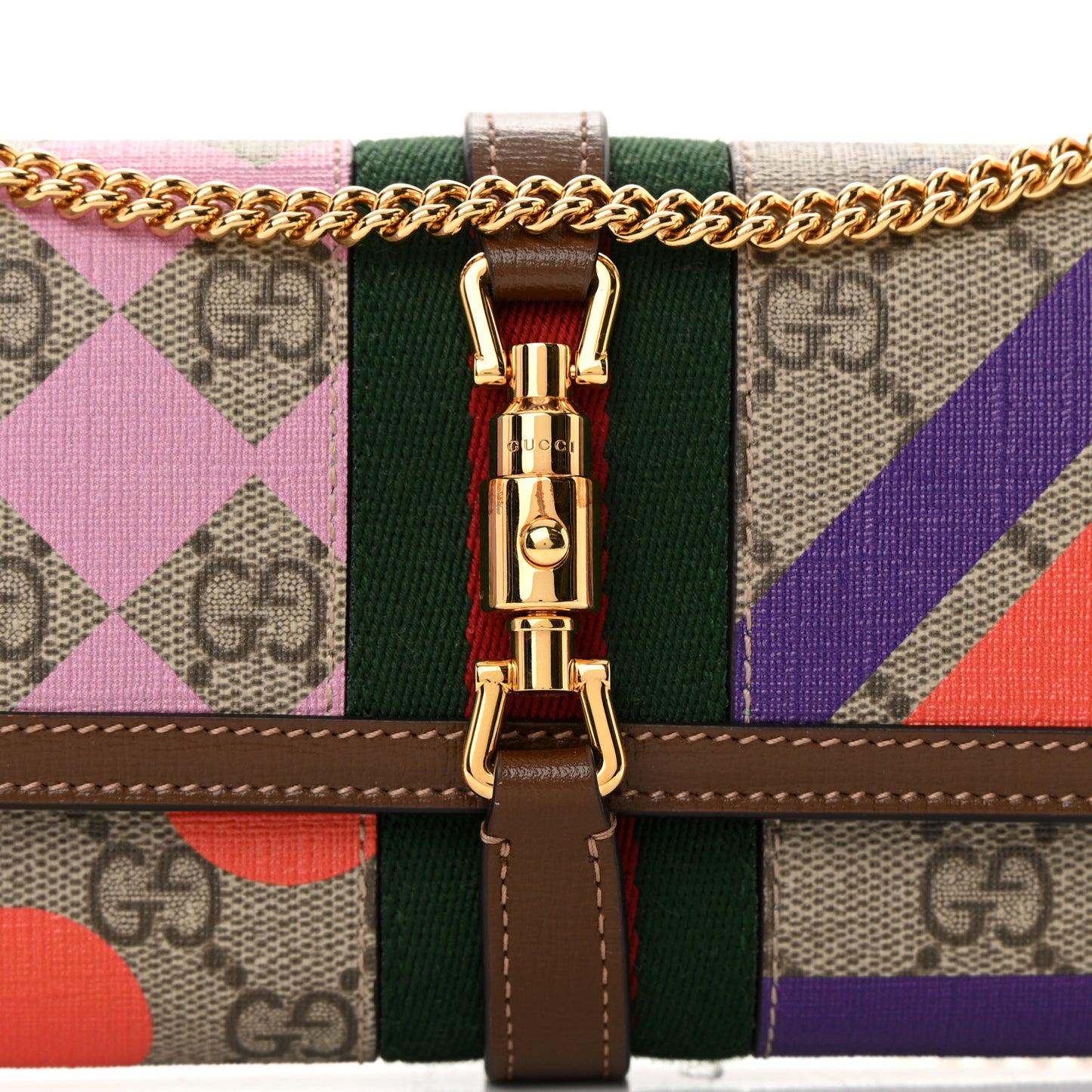GG Supreme Monogram Geometric Web Jackie 1961 Chain Wallet Beige Multicolor Brown Sugar
