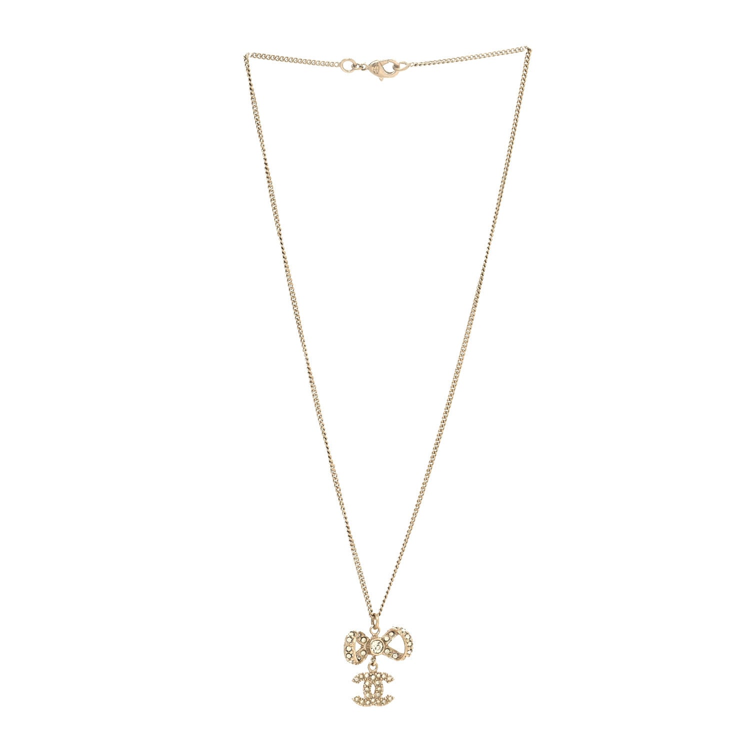 Chanel Metal Crystal CC Bow Drop Necklace Gold 3 of 5