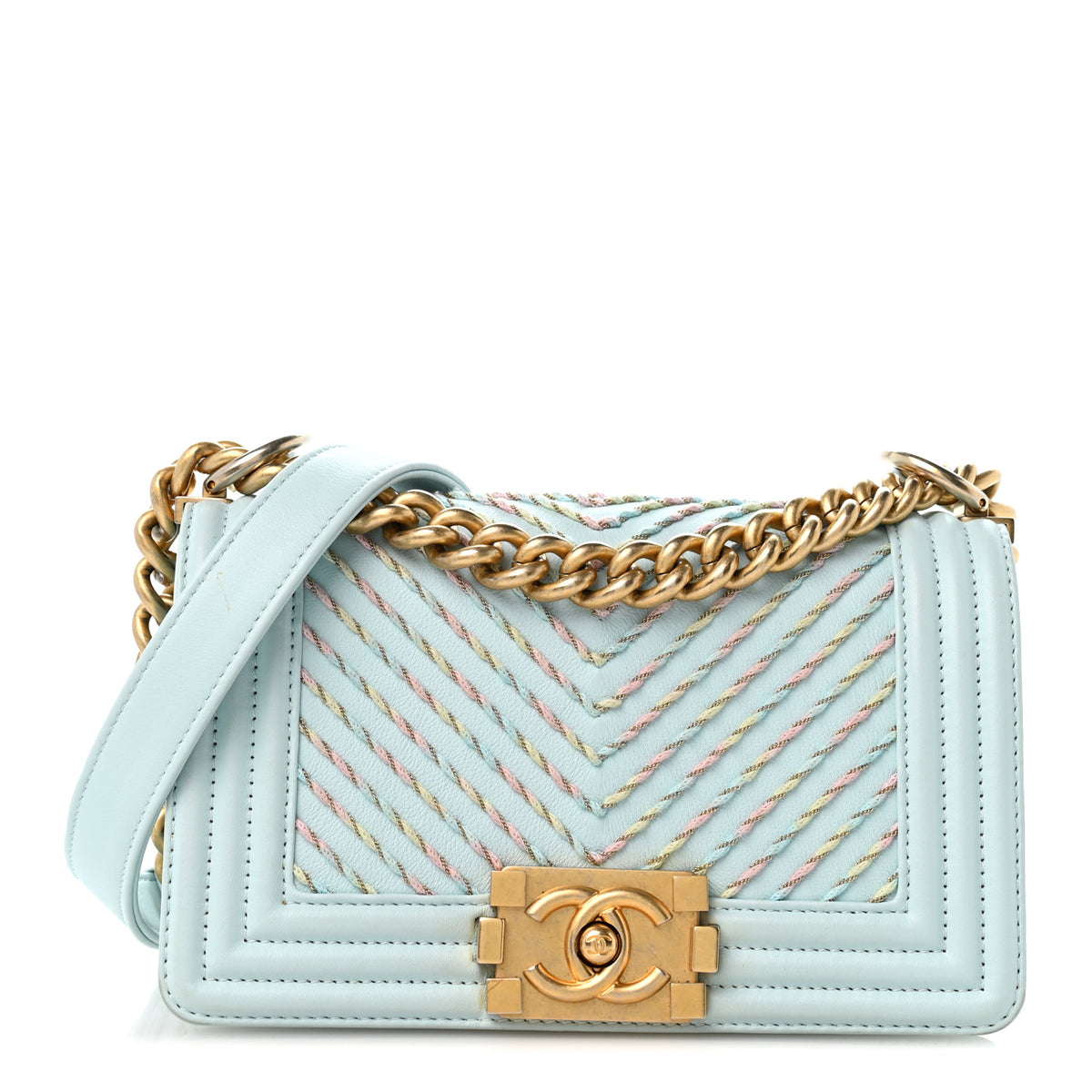 Chanel Calfskin Chevron Embroidered Small Boy By The Sea Flap Light Blue 1 of 11