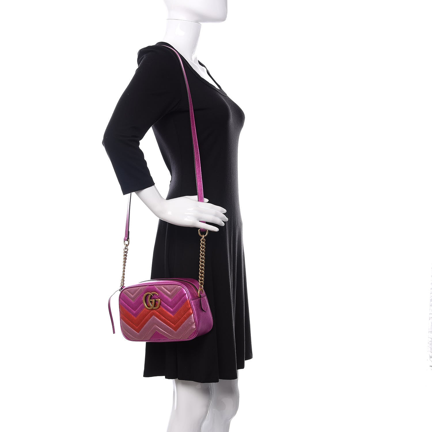 Gucci Laminated Nappa Matelasse Small GG Marmont Chain Shoulder Bag Fuxia Rosso Rosa 2 of 11