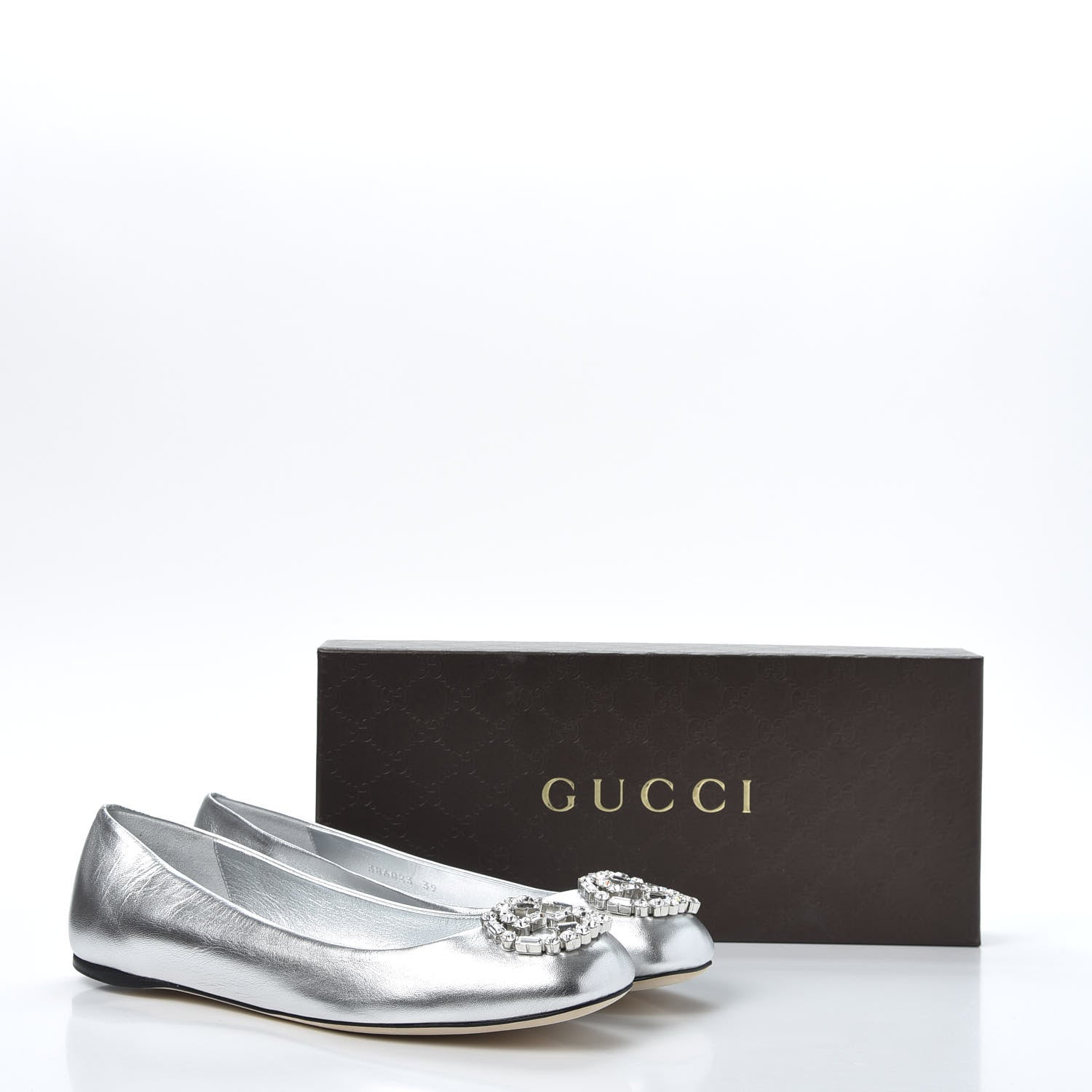Gucci Metallic Nappa Silk Crystal Interlocking G Ballet Flats 39 Argento 11 of 11
