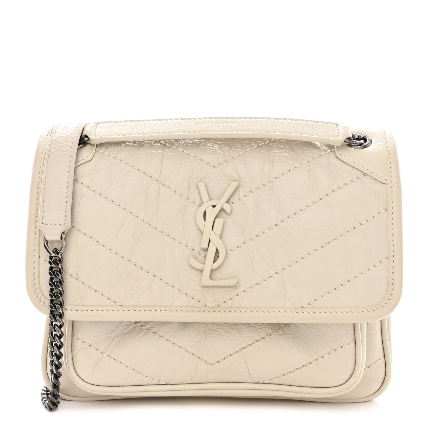 Crinkled Calfskin Matelasse Monogram Baby Niki Chain Satchel Ivory