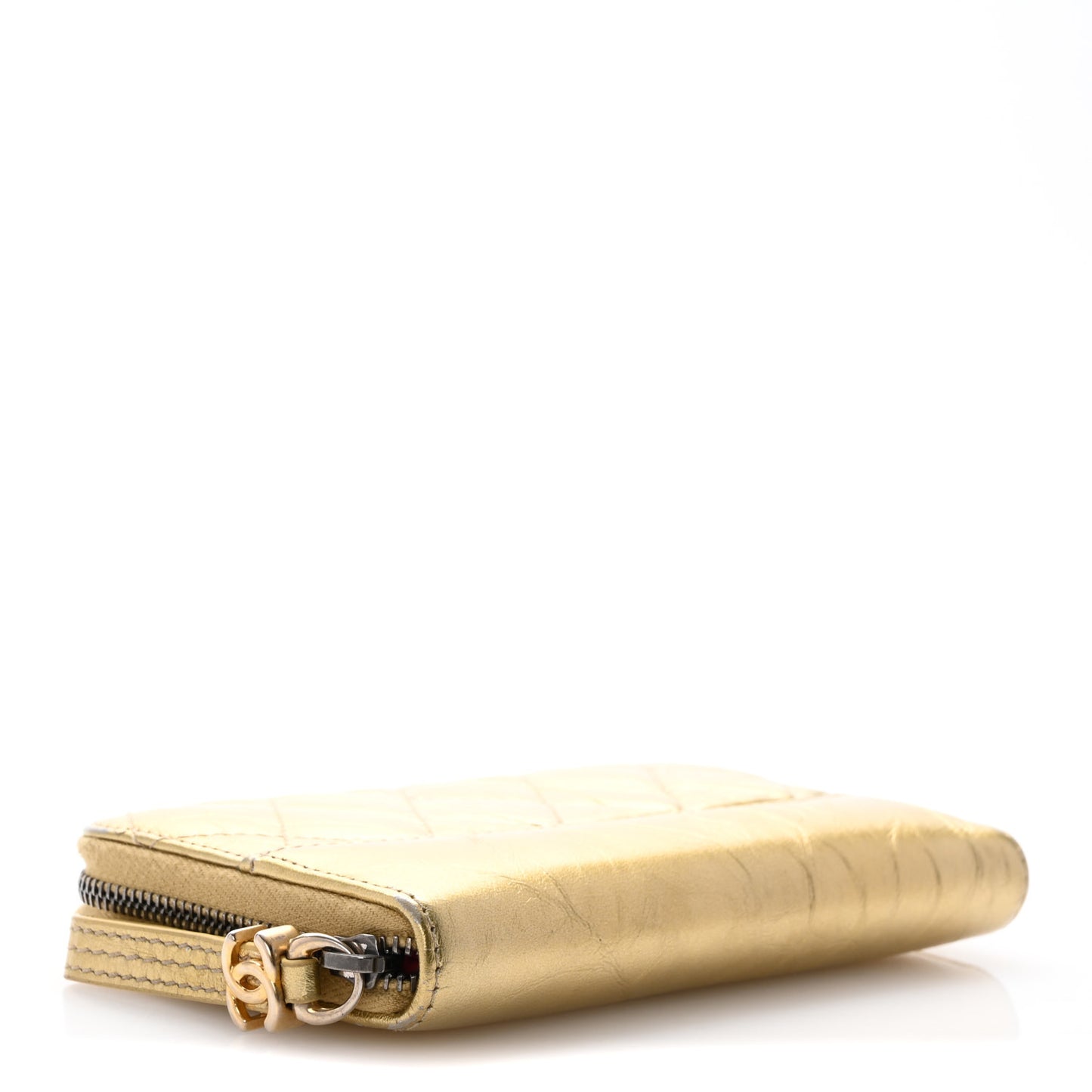 Metallic Aged Calfskin Quilted Small Gabrielle Zip Around Wallet Gold