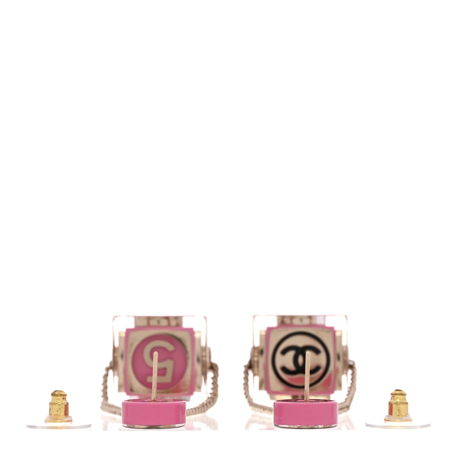 Chanel Resin Crystal CC Cube Drop Earrings Gold Pink 3 of 5