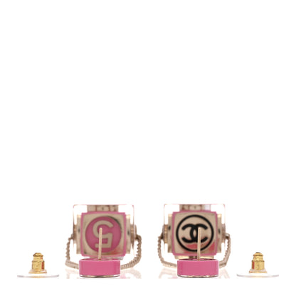 Chanel Resin Crystal CC Cube Drop Earrings Gold Pink 3 of 5