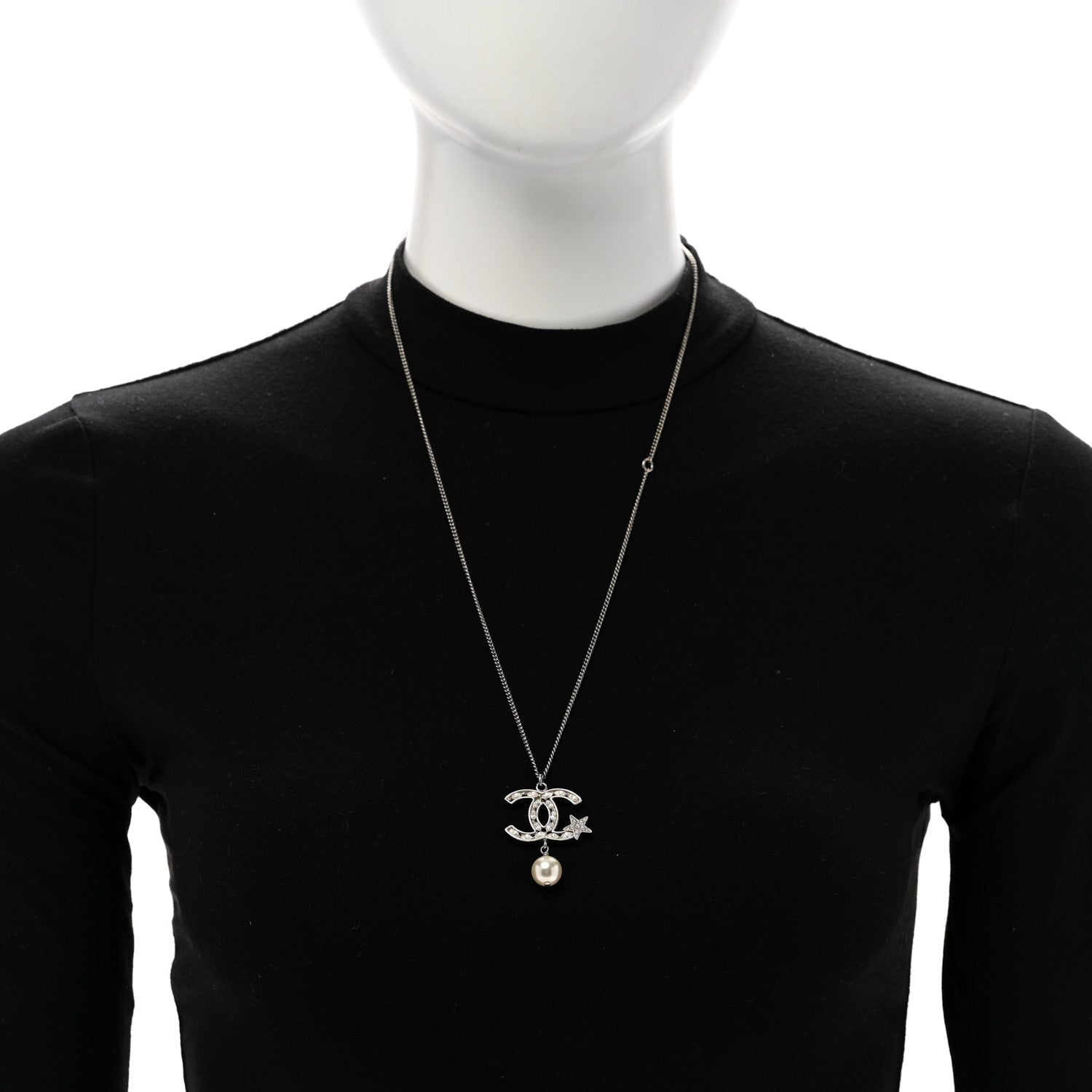 Chanel Crystal CC Star Pearl Drop Necklace Silver 2 of 5