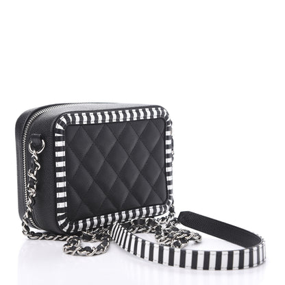 Chanel Caviar Quilted Striped Filigree Vanity Clutch With Chain Black White 3 of 10
